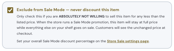 The Exclude from Sale Mode checkbox on the Vinty item edit form, ticked, with its explanatory text