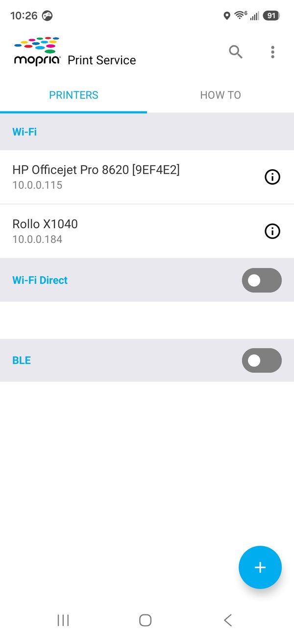 Mopria printers list showing the Rollo X1040
