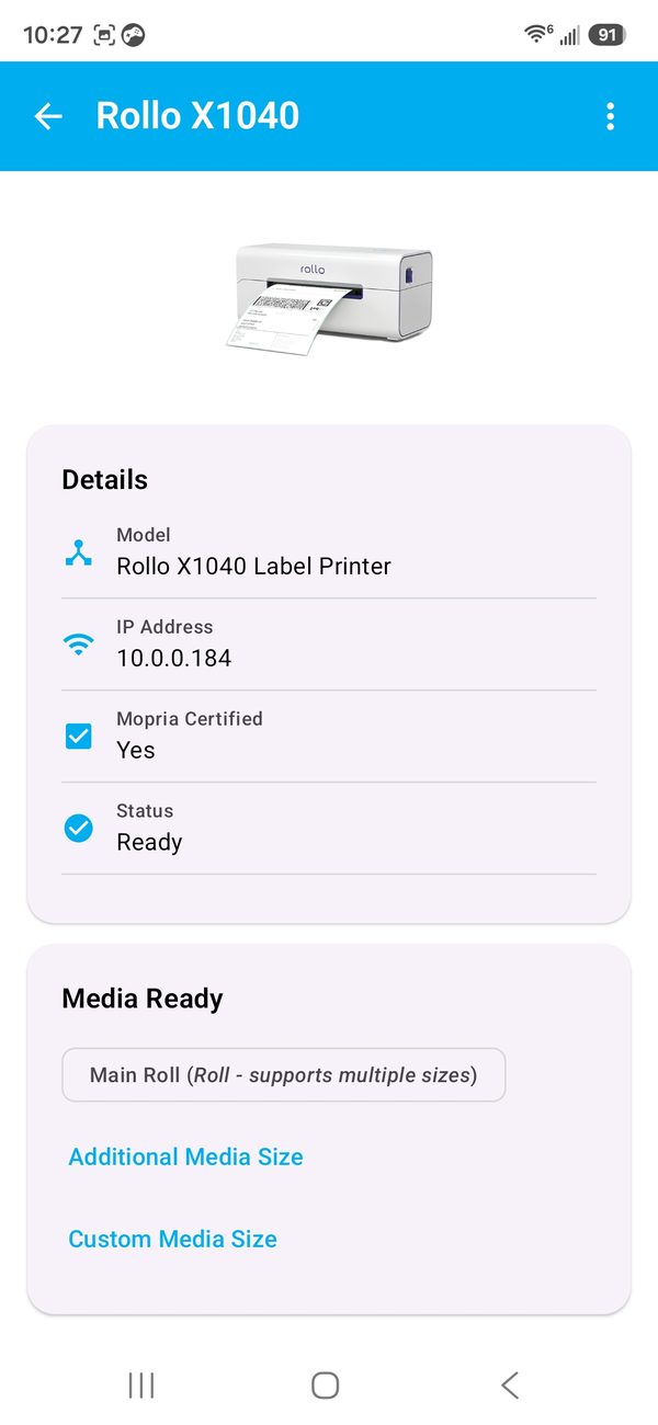 Rollo X1040 details in Mopria with Custom Media Size