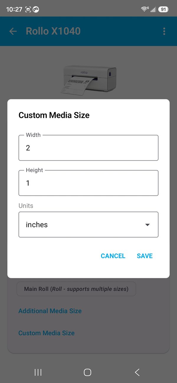 Custom Media Size dialog with 2 × 1 inches
